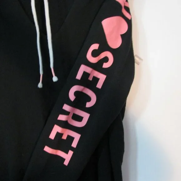** Victoria's Secret Shirt Small Hoodie Raw Unfinished Hem Logo Sleeve Black - Picture 4 of 6